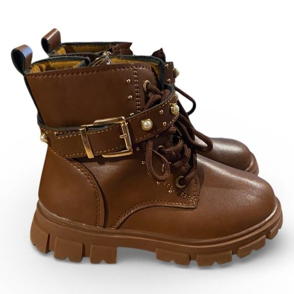 Inmuld Toddler Girls Combat Boots 12 Brown Lace Up Pearl Buckle Winter Snow - Picture 2 of 7